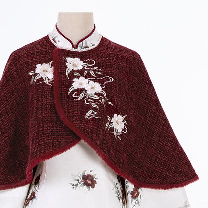【塵煙雲夢---茶花曲シリーズ】チャイナ風 刺繍マント 中華服 プリント 可愛い ショート丈 レッド