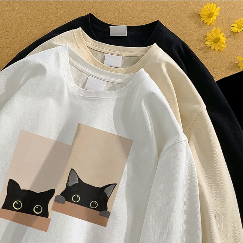 【SENSUシリーズ】長袖Tシャツ 男女兼用 大きいサイズ 5色 猫 プリント コットン