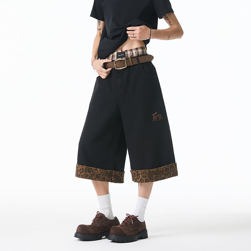 【KADISHOUシリーズ】デニムパンツ ズボン ボトムス 七分丈 男女兼用 メンズ 切り替え 豹柄 おしゃれ ファッション 2023