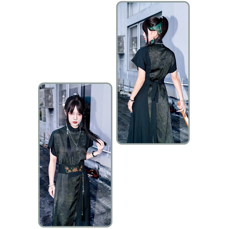 【古怪舍---升卿シリーズ】チャイナ風半袖漢服ワンピース 切り替え ブラック 黒色