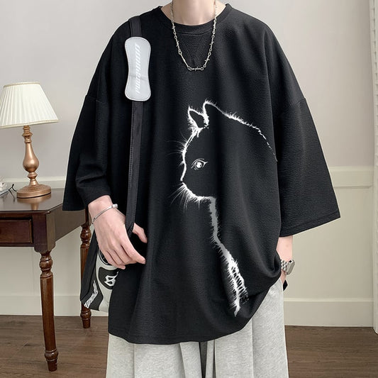 【CEXUシリーズ】3色展開 七分袖 Tシャツ 男女兼用 大きいサイズ 猫柄 黒 白 青
