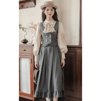 【南陌森シリーズ】リボン付き長袖シャツ トップス 可愛い 気質アップ アプリコット S M L XL