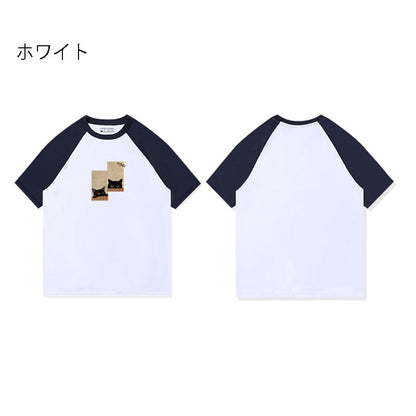 【KAMUシリーズ】可愛い猫 半袖 Tシャツ 4色 コットン トップス 男女兼用 メンズ ねこ ネコ