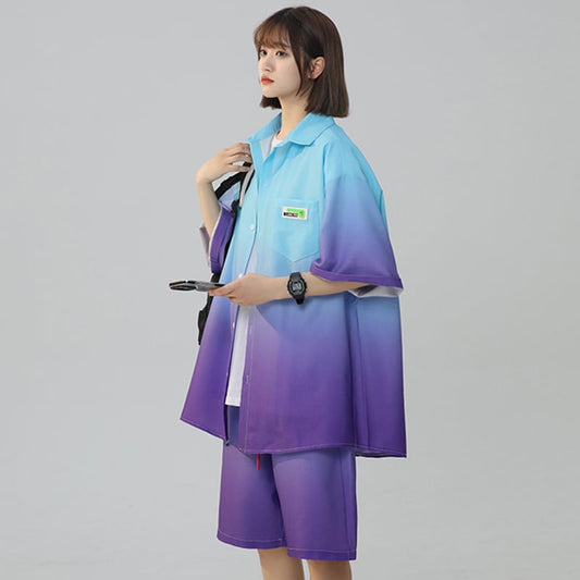 【藤伊曼シリーズ】セットアップ シャツ 短パン 半袖 男女兼用 大きいサイズ グラデーション 4色展開