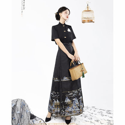 【喚初---明月松間照シリーズ】チャイナ風トップス 長袖 半袖 刺繍 中華服 シャツ 可愛い ブラック 黒色
