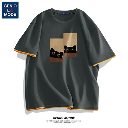 【GENIOLAMODEシリーズ】猫柄 半袖 Tシャツ 4色 メンズ・レディース兼用 大きいサイズ コットン トップス