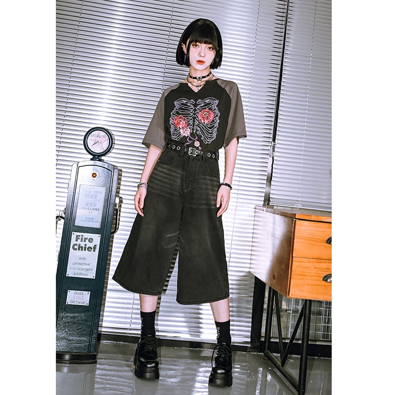 【古怪舍---花骨シリーズ】チャイナ風 半袖 Tシャツ プリント 個性的 オリジナル Vネック コットン トップス