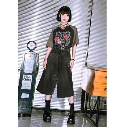 【古怪舍---花骨シリーズ】チャイナ風 半袖 Tシャツ プリント 個性的 オリジナル Vネック コットン トップス