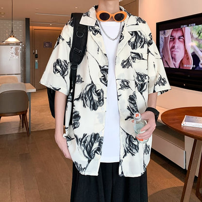 【ZHUIYIシリーズ】チャイナ風トップス 男女兼用 半袖シャツ 大きいサイズ 花柄 シャツ 2色展開 黒 白