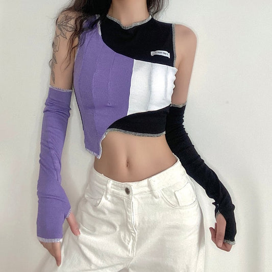【KLIOUシリーズ】切り替えデザイン レディース Tシャツ おしゃれ セクシー ブラック パープル 不規則 トップス