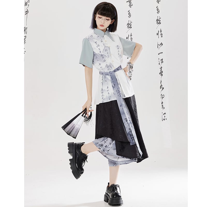 【卿棠---山澗序語シリーズ】チャイナ風 プリント 半袖シャツ 男女兼用 漢字柄 トップス
