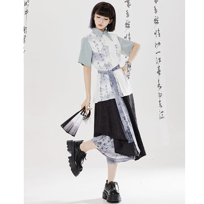 【卿棠---山澗序語シリーズ】チャイナ風 プリント 半袖シャツ 男女兼用 漢字柄 トップス