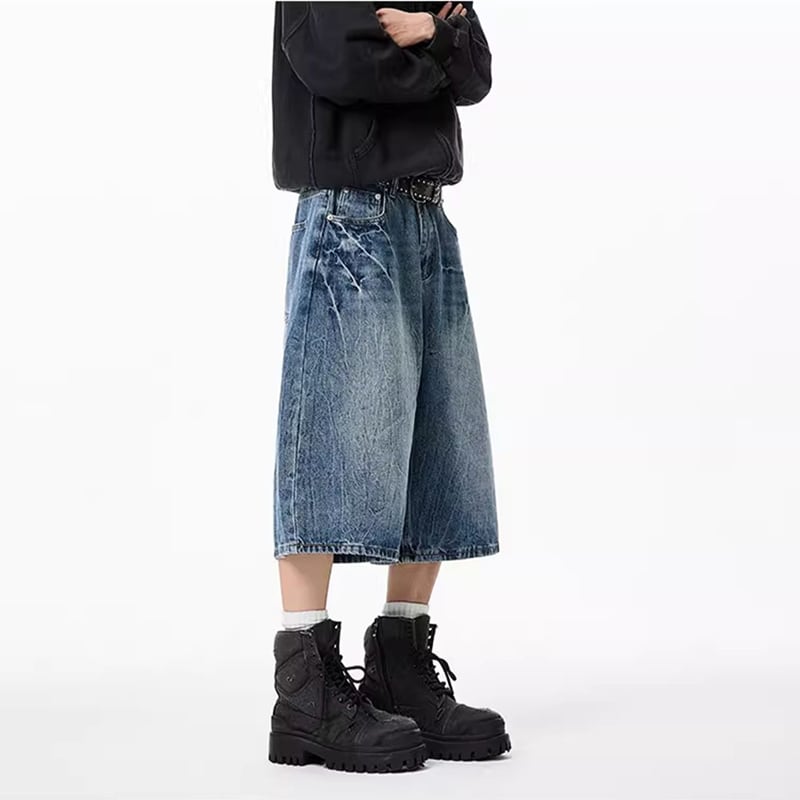 【VUUGシリーズ】カジュアルパンツ 七分丈 デニムパンツ ボトムス 男女兼用 メンズ おしゃれ ブルー 青色