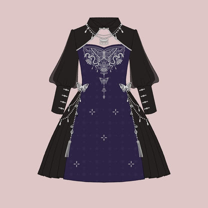 【塵煙雲夢---蝴蝶蠱シリーズ】チャイナ風ワンピース 切り替え 長袖 中華服 イベント デート 撮影 普段着 S M L