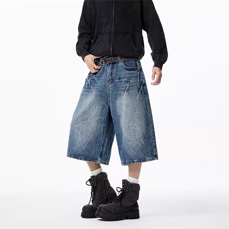 【VUUGシリーズ】カジュアルパンツ 七分丈 デニムパンツ ボトムス 男女兼用 メンズ おしゃれ ブルー 青色