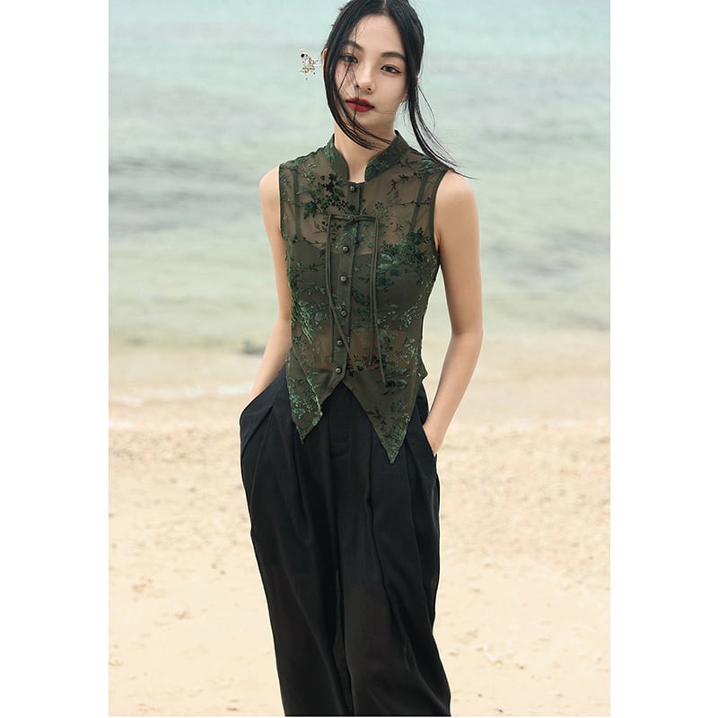 【大青龍肆シリーズ】チャイナ風トップス Tシャツ ショート丈 ノースリーブ グリーン 気質アップ 不規則デザイン