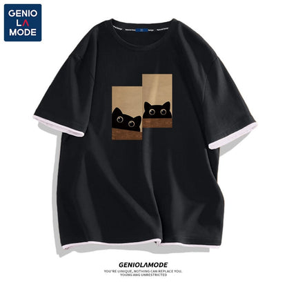 【GENIOLAMODEシリーズ】猫柄 半袖 Tシャツ 4色 メンズ・レディース兼用 大きいサイズ コットン トップス