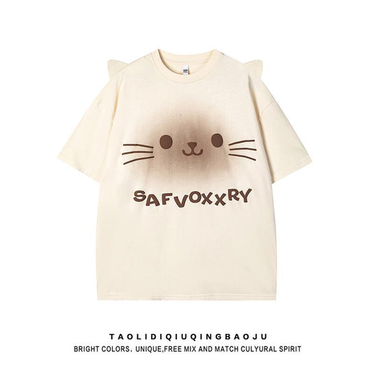 【逃離地球シリーズ】猫耳デザイン 半袖 Tシャツ 2色展開 レディース トップス 可愛い ねこ柄