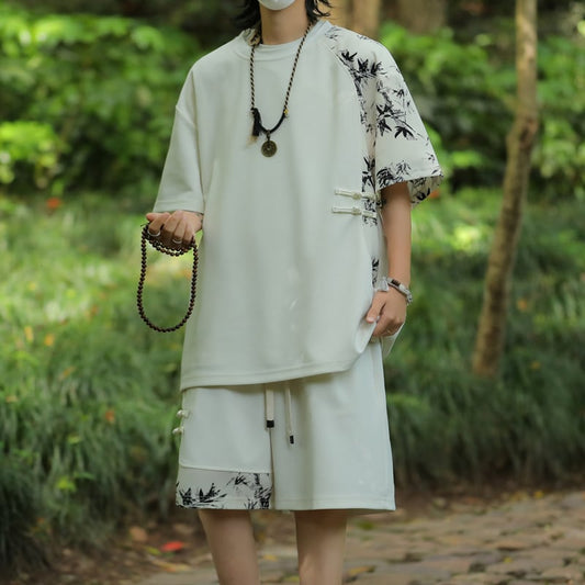 【HUICHUNシリーズ】チャイナ風セットアップ 竹柄 Tシャツ 短パン 2色 男女兼用 メンズ 大きいサイズ ベージュ ブラック