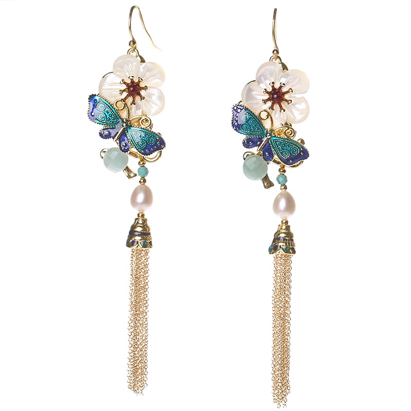【煙雨江南シリーズ】チャイナ風イヤリング ピアス 2点セット 小物 アクセサリー フリンジ 花 レディース 気質アップ