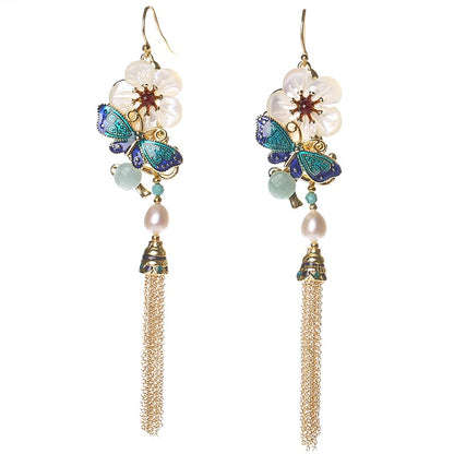 【煙雨江南シリーズ】チャイナ風イヤリング ピアス 2点セット 小物 アクセサリー フリンジ 花 レディース 気質アップ