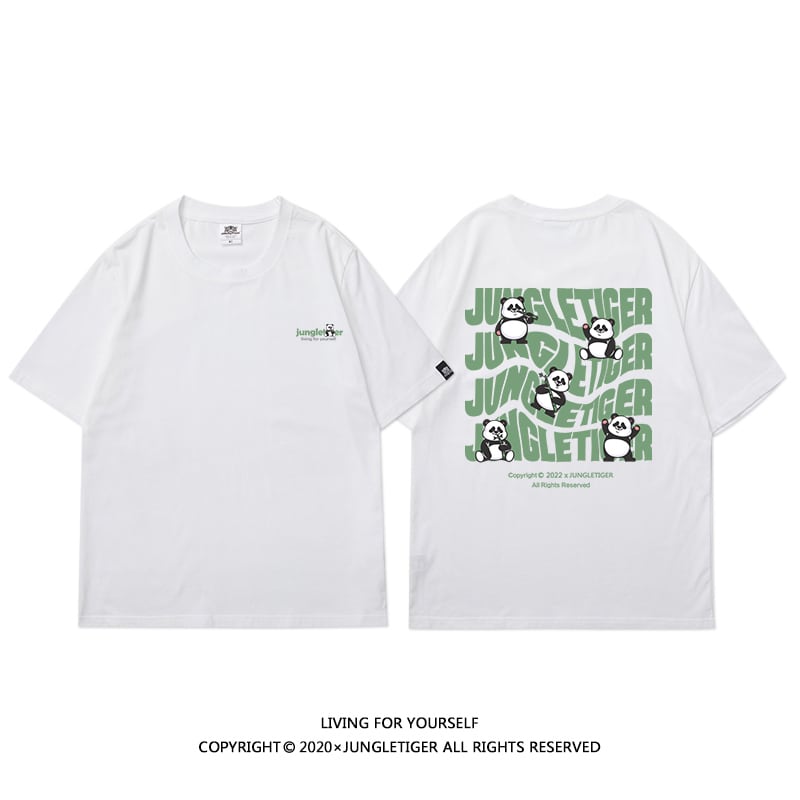 【JUNGLETIGERシリーズ】Tシャツ 5色 トップス 半袖 男女兼用 メンズ コットン 黒 白 灰 緑 パンダ