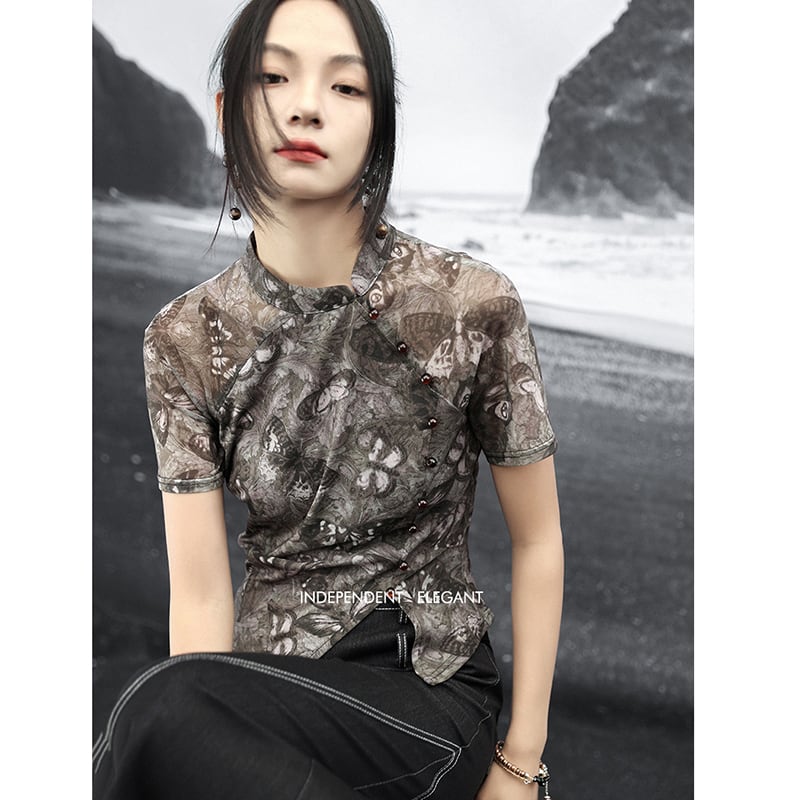 【大青龍肆シリーズ】チャイナ風 半袖トップス Tシャツ 蝶々柄 レトロデザイン 薄手 着痩せ 快適 ファッション