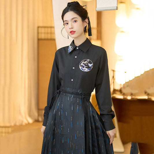 【BAIRIMENGシリーズ】チャイナ風長袖シャツ トップス 中華服 ブラック 黒