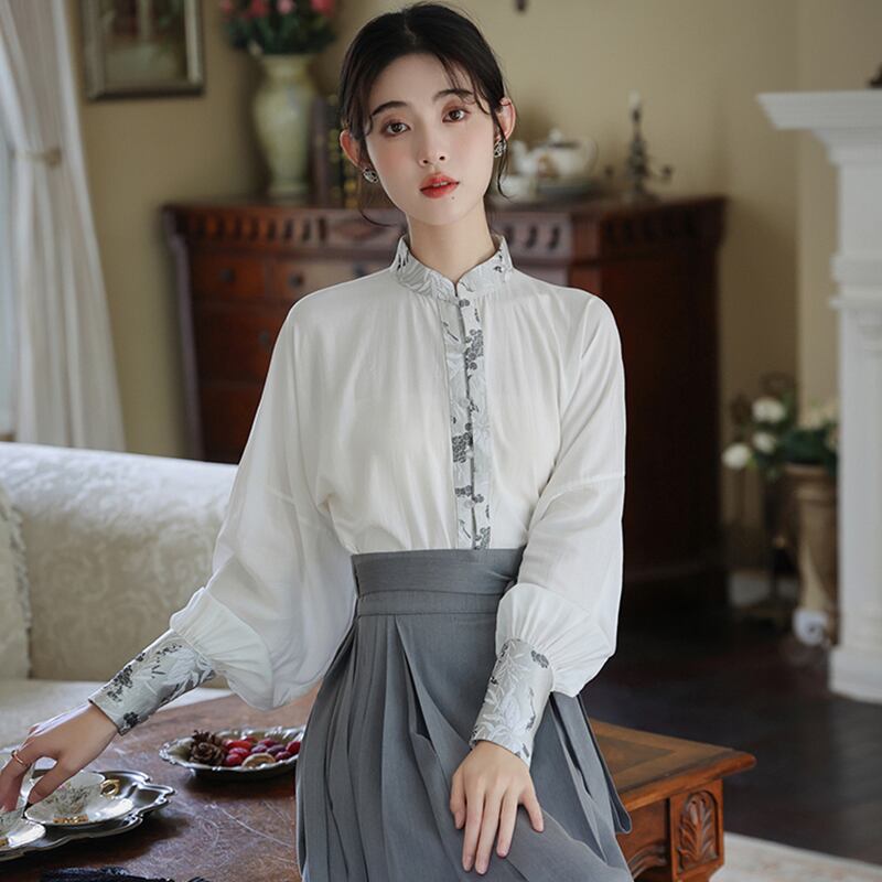 【WUJIAシリーズ】チャイナ風長袖シャツ トップス 漢元素 夏服 気質アップ S M L 切り替え