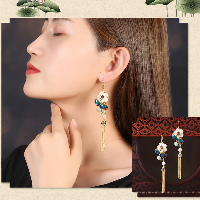【煙雨江南シリーズ】チャイナ風イヤリング ピアス 2点セット 小物 アクセサリー フリンジ 花 レディース 気質アップ