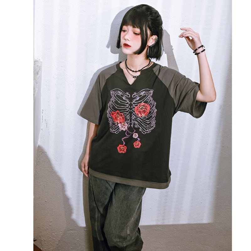 【古怪舍---花骨シリーズ】チャイナ風 半袖 Tシャツ プリント 個性的 オリジナル Vネック コットン トップス