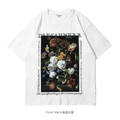 【FROM MARSシリーズ】2色展開 Tシャツ 半袖 花柄 男女兼用 メンズ コットン ブラック ホワイト