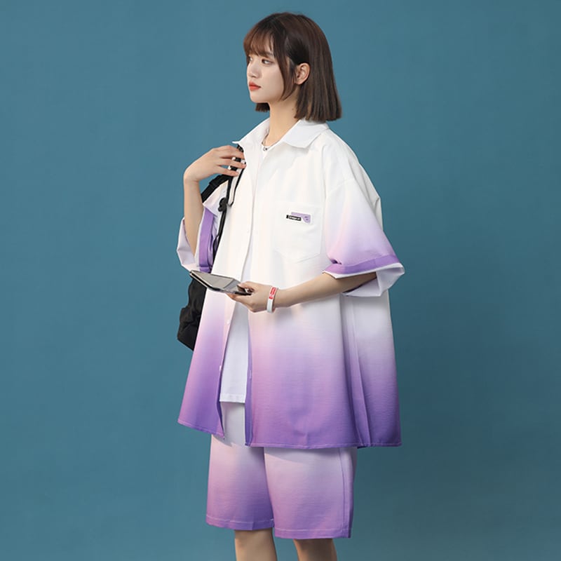 【藤伊曼シリーズ】4色 シャツ+短パン セットアップ 半袖 男女兼用 大きいサイズ グラデーション