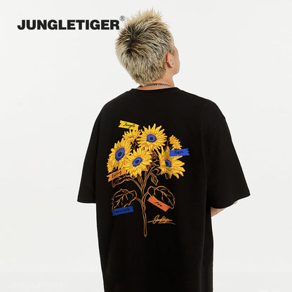 【JUNGLETIGERシリーズ】5色 半袖 Tシャツ 男女兼用 向日葵 コットン トップス 黒 白 灰 青