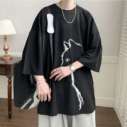 【CEXUシリーズ】3色展開 七分袖 Tシャツ 男女兼用 大きいサイズ 猫柄 黒 白 青