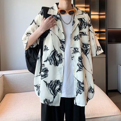 【ZHUIYIシリーズ】チャイナ風トップス 男女兼用 半袖シャツ 大きいサイズ 花柄 シャツ 2色展開 黒 白