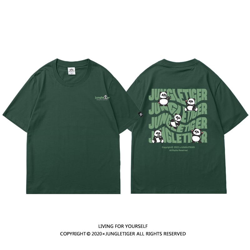 【JUNGLETIGERシリーズ】Tシャツ 5色 トップス 半袖 男女兼用 メンズ コットン 黒 白 灰 緑 パンダ