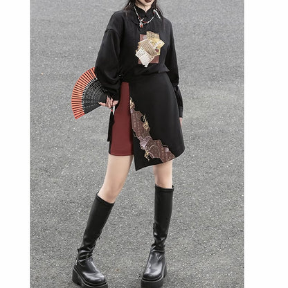 【雲鬢斜簪シリーズ】★チャイナ風トップス★ 中華服 漢字柄 プリント オリジナル 合わせやすい