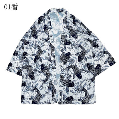 【無夢記シリーズ】チャイナ風アウター 法被 はっぴ 鯉 ゆったり カップル服 メンズ 男女兼用 服装