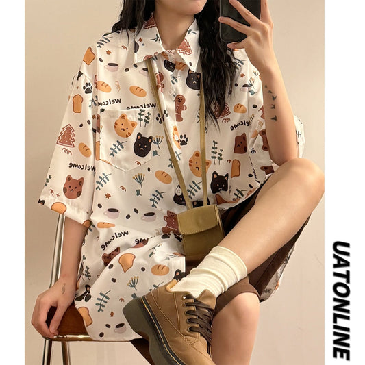 【UATONLINEシリーズ】半袖シャツ 猫柄 カートゥーン トップス 男女兼用 メンズ レディース