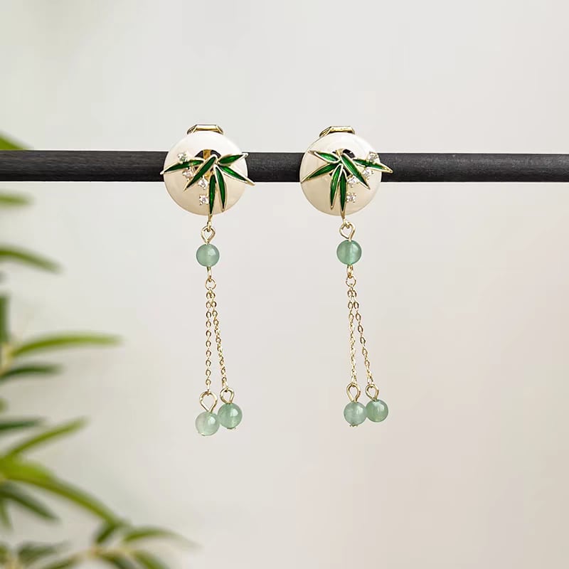 【CHOEUシリーズ】チャイナ風 耳飾り 竹柄 ピアス ペア レディース フリンジ アクセサリー グリーン