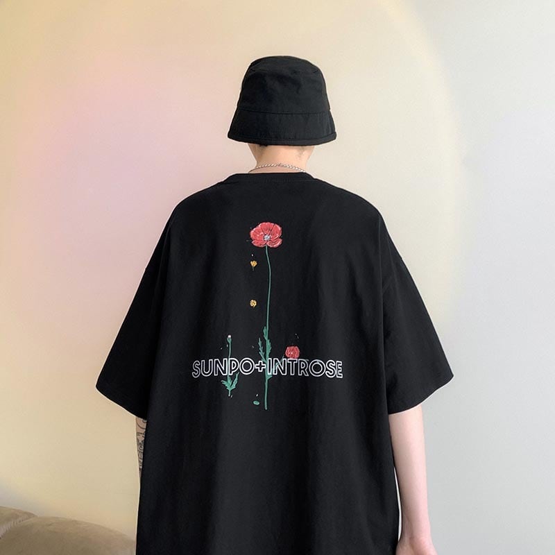 【VATICANシリーズ】カジュアル花柄Tシャツ 3色展開 半袖 男女兼用 コットン トップス  ホワイト ブラック グレー