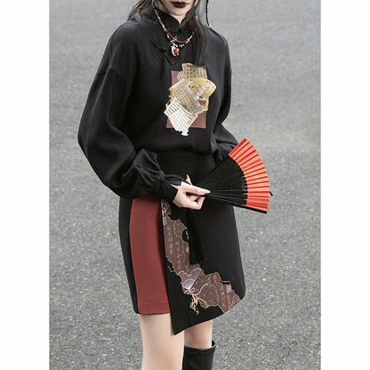 【雲鬢斜簪シリーズ】★チャイナ風トップス★ 中華服 漢字柄 プリント オリジナル 合わせやすい
