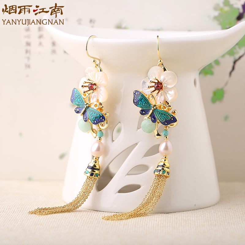 【煙雨江南シリーズ】チャイナ風イヤリング ピアス 2点セット 小物 アクセサリー フリンジ 花 レディース 気質アップ