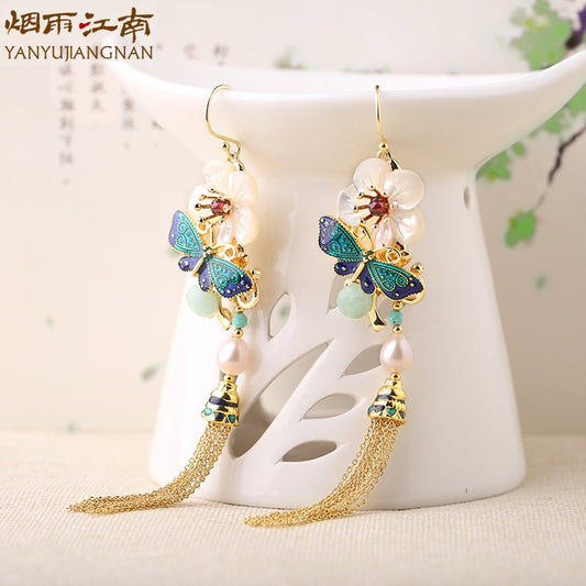 【煙雨江南シリーズ】チャイナ風イヤリング ピアス 2点セット 小物 アクセサリー フリンジ 花 レディース 気質アップ