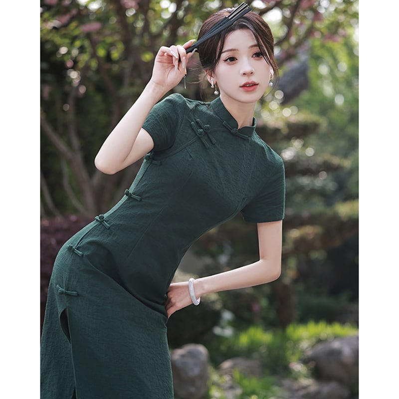 【YIJIAHONGシリーズ】チャイナドレス ワンピース 半袖 グリーン 可愛い 気質アップ シンプル