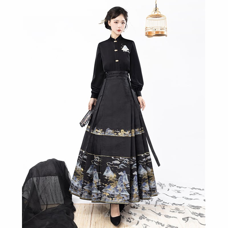 【喚初---明月松間照シリーズ】チャイナ風トップス 長袖 半袖 刺繍 中華服 シャツ 可愛い ブラック 黒色