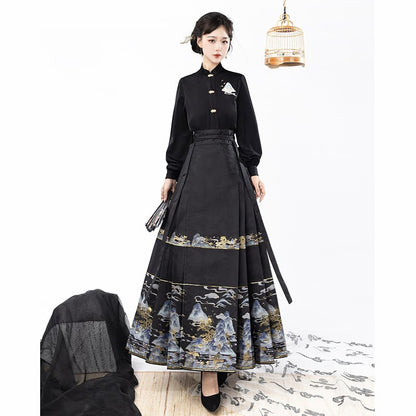 【喚初---明月松間照シリーズ】チャイナ風トップス 長袖 半袖 刺繍 中華服 シャツ 可愛い ブラック 黒色