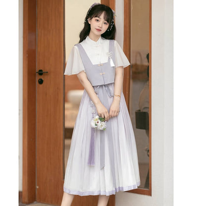 【浥城朝雨シリーズ】チャイナ風 セットアップ 2点セット ワンピース ベスト 改良漢服 半袖 可愛い