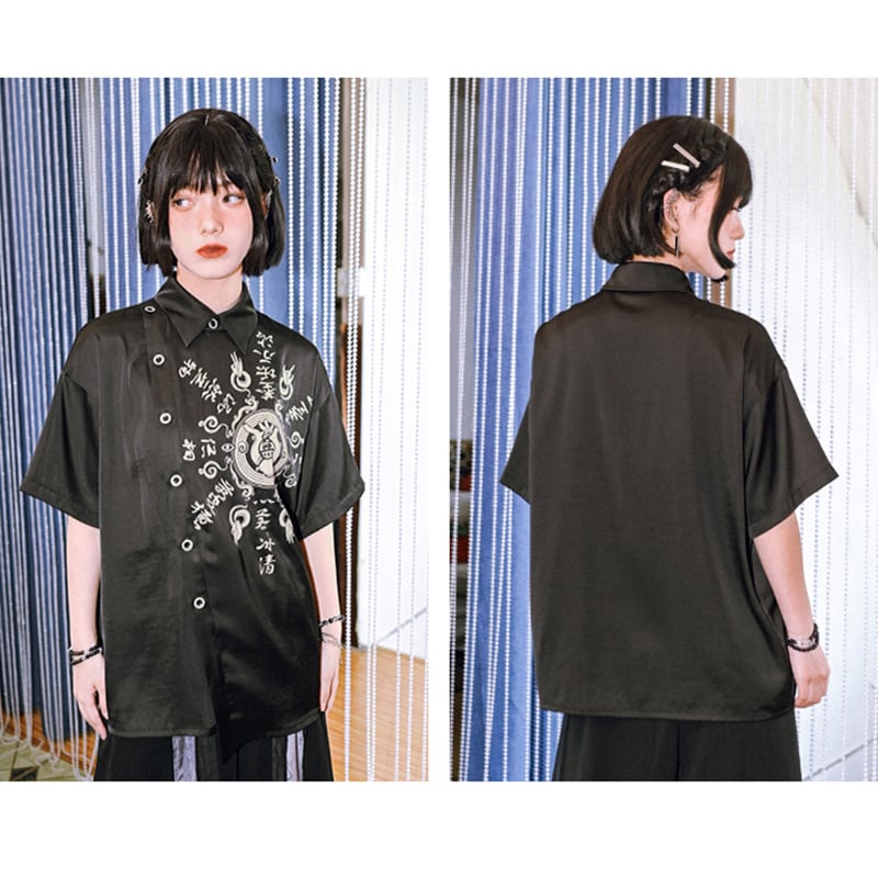 【古怪舍---清心訣シリーズ】チャイナ風 半袖 シャツ 個性的 オリジナル ブラック プリント トップス